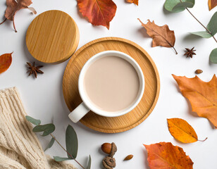 Coffee mug on wooden tray surrounded by green leaves, wood slices and pinecones on white background