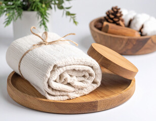 Rolled cotton towel on wooden tray with lid, pinecones and soft natural accents in bright minimal setting
