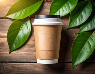 Eco-style paper coffee cup centered among glossy green leaves on rustic wooden surface