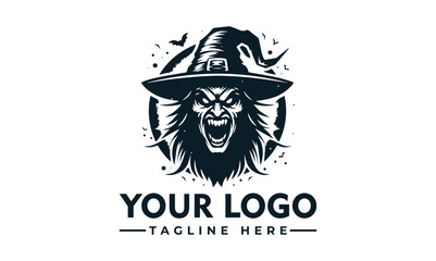 A fierce witch with a pointed hat, screaming, and surrounded by a circular design.