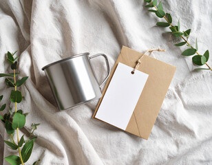 Metal mug and kraft envelope with blank tag on soft fabric surrounded by fresh green leaves