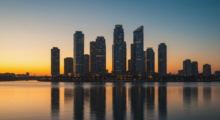 Naklejka premium A modern city skyline at dawn, glowing with the first light above a calm river