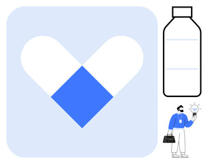 Heart-shaped capsule with blue and white colors, medicine bottle outline, and a person holding a glowing light bulb. Ideal for healthcare, pharmacy, innovation, wellness, drug research, creativity