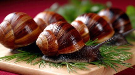 Close-up of snails on a wooden board garnished with fresh herbs, highlighting their glossy shells and natural textures.
