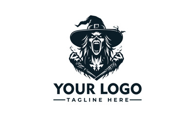 Illustration of a screaming witch wearing a hat and holding torches, suitable for a logo.