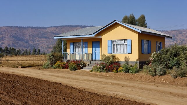 A yellow house with blue shutters and a tin roof sits beside a dirt road, surrounded by flowers and fields, with distant hills under a clear blue sky.