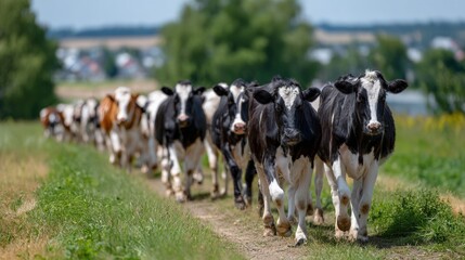 A herd of black and white cows walks along a rural path in a green field, with trees and a village in the background under a clear blue sky.