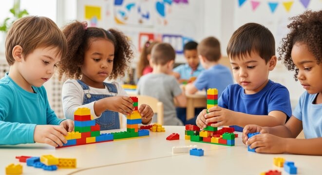 Children engage in creative play with colorful building blocks in a vibrant classroom setting - Powered by Adobe