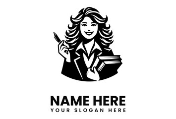 Smiling woman with curly hair holds a pen and books, suitable for a logo or brand identity.