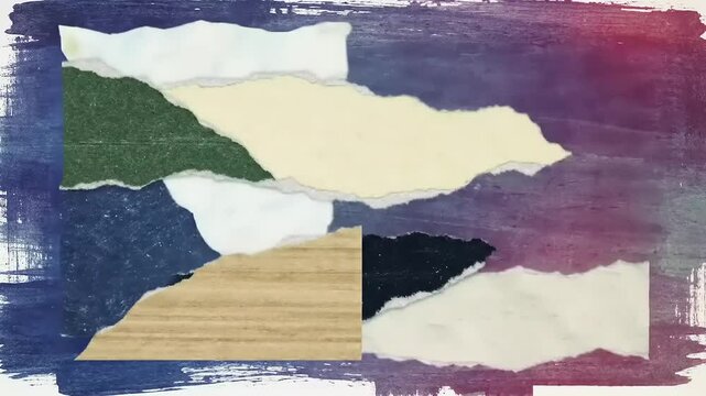 Abstract collage of textured paper pieces in various colors, creating a dynamic visual composition