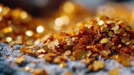Close-up of shimmering gold flakes scattered on a textured surface, creating a vibrant and luxurious effect with soft, blurred background.
