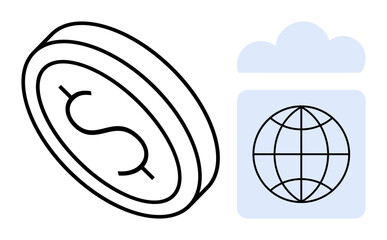 Dollar coin tilted in focus beside cloud frame containing globe icon. Ideal for finance, global trade, digital economy, online banking, financial networks, technology, cryptocurrency. Simple flat