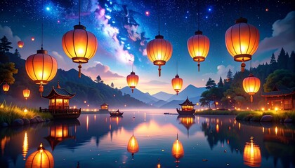 Obraz premium Enchanted Lake Serenity: Floating Lanterns Under a Starry Sky