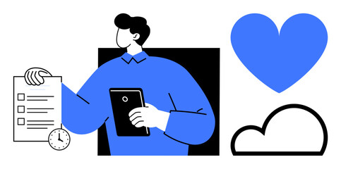 Obraz na płótnie Canvas Person holding a tablet and checklist near a clock, with a blue heart and cloud. Ideal for productivity, task management, time tracking, personal development, healthcare, cloud storage, and a simple