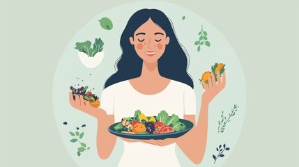 Adult Woman Eating Vegan Food in Flat Vector Illustration