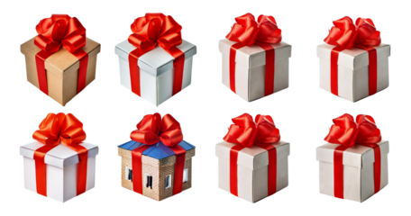 Colorful Gift Boxes with Red Ribbons for Festive Celebrations, isolated on transparent background