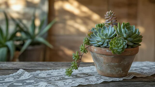 Succulents in rustic terracotta pot on wooden table