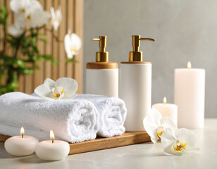 Spa Day Essentials: Luxurious bath products and rolled towels are arranged on a wooden tray alongside burning candles and delicate orchids, creating a serene and inviting spa-like atmosphere. 