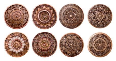 Decorative round metal plates with intricate patterns and designs, isolated on transparent background