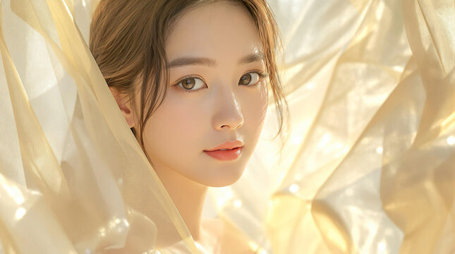 金色のベールのような柔らかい布と美しい若いアジア人女性のビューティーイメージ