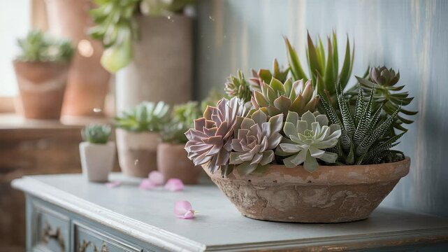 Succulents in terracotta pot closeup of plants and rustic decor