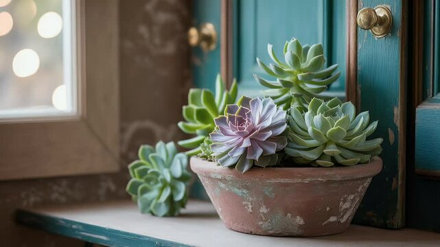 Succulents in terracotta pot closeup view natural light home decor