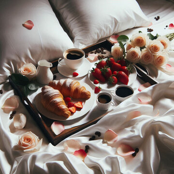 Luxurious breakfast in bed &mdash; white silk sheets, a tray of croissants, strawberries, black coffee and a sprinkling of rose petals, a romantic and cozy atmosphere"