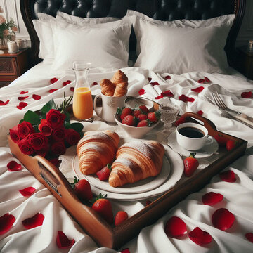 Luxurious breakfast in bed &mdash; white silk sheets, a tray of croissants, strawberries, black coffee and a sprinkling of rose petals, a romantic and cozy atmosphere"