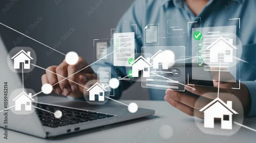 Aufkleber Man using laptop and holding a tablet with house icon and document checklist interface overlayed