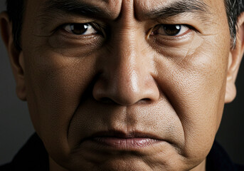 Obraz premium Close-up portrait of a mature man with a stern expression, furrowed brow, and intense gaze.