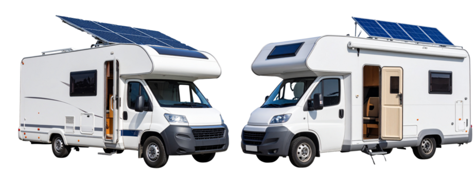 Set ofSide Profile of Contemporary Camper Trailer with Open Door, Transparent Background