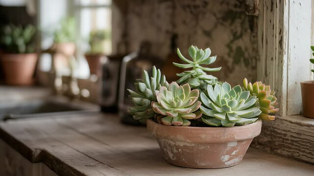 Succulents in terracotta pot on rustic wooden surface