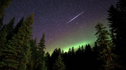 Fototapeta premium A stunning night sky with a shooting star above a forest, illuminated by the aurora borealis, creating a serene and magical atmosphere.