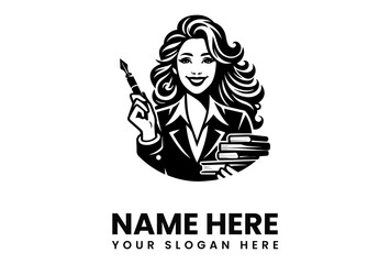 A smiling woman in a suit holding a pen and books, ready to teach.