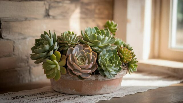 Succulents in terracotta pot on windowsill soft natural light