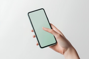 白背景でスマートフォンを操作する女性の手
