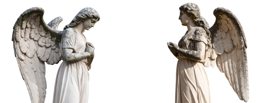  Set ofSide Profile of Weathered Stone Angel Sculpture, Transparent Background