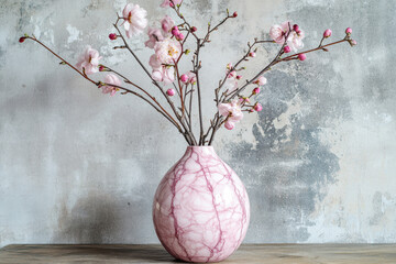 Delicate pink cherry blossoms in a marbled pink vase on a wooden surface