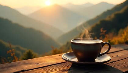 Steaming coffee cup with beautiful mountain range view in the morning light offering a peaceful, quiet and relaxing start.