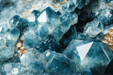 Close up view of deep blue aquamarine mineral cluster with rough golden inclusions