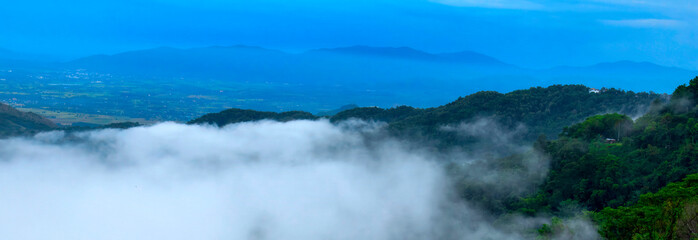 Banner Beautiful Mountain landscape foggy mountain green landscape morning sunrise. Amazing...