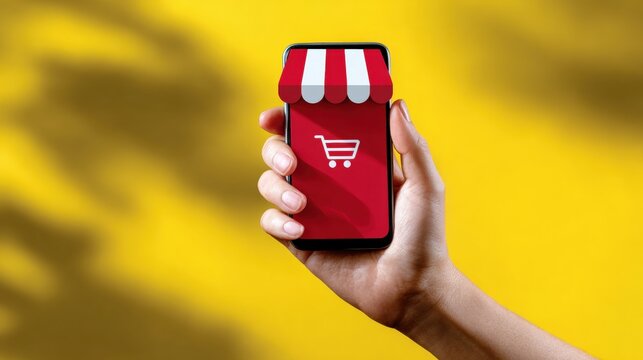 Hand holding a smartphone with an online shopping app icon on a vibrant yellow background, symbolizing e-commerce and digital retail. - Powered by Adobe
