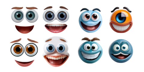 Colorful Cartoon Eye Expressions on Transparent Background