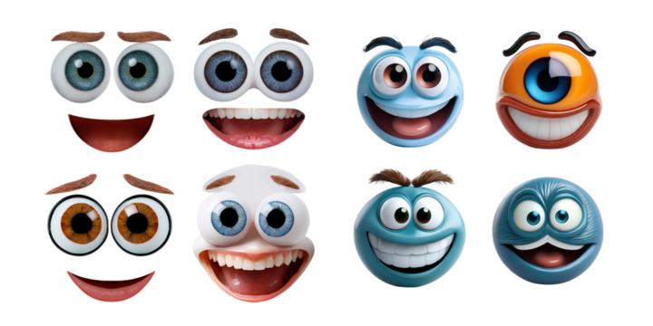 Colorful Cartoon Eye Expressions on Transparent Background