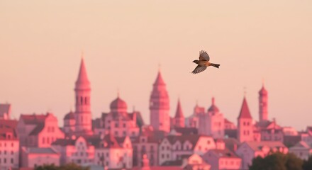 Obraz premium Bird flying over city at dusk