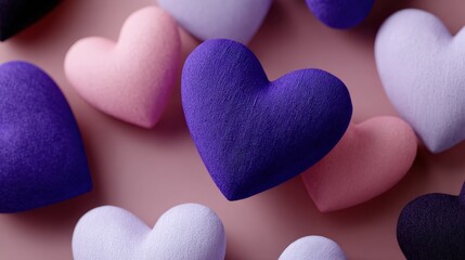 Obraz premium Soft fabric hearts in shades of purple and pink scattered on a pastel background, creating a romantic and cozy atmosphere.