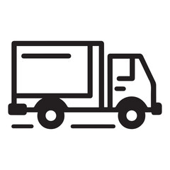 Fototapeta premium Simple black and white outline icon of a delivery truck in motion with speed lines
