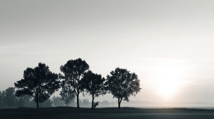 Obraz premium Soft silhouette of trees against bright sky with calm and peaceful sunrise