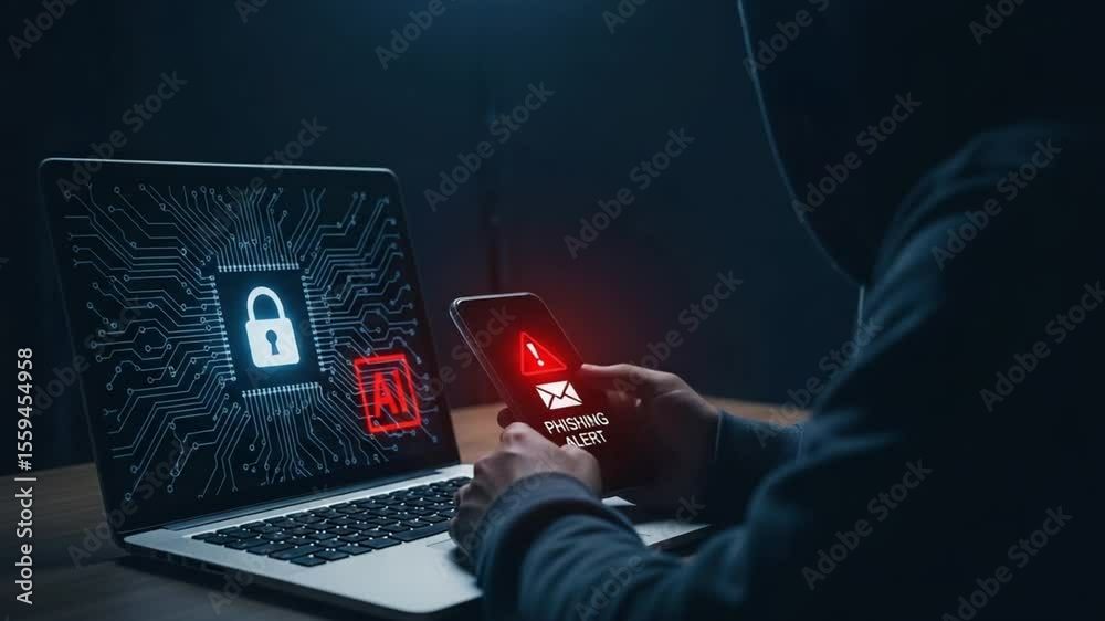 Poster person receives phishing alert on phone next to laptop displaying security lock and ai symbol on scr