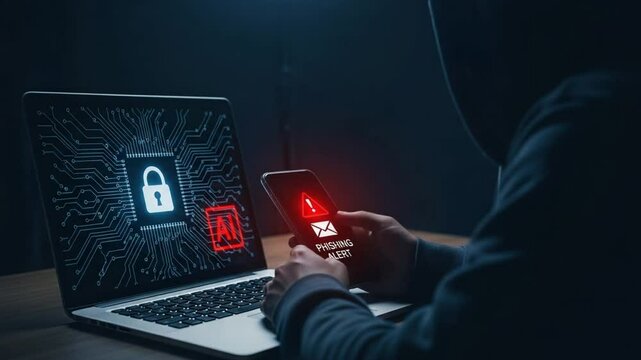 Person receives phishing alert on phone next to laptop displaying security lock and ai symbol on screen - Powered by Adobe